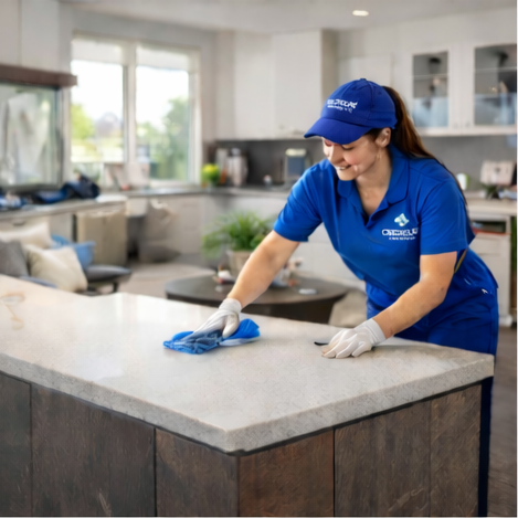 Cristaluxe house cleaning technician wiping kitchen counter in St. George, UT