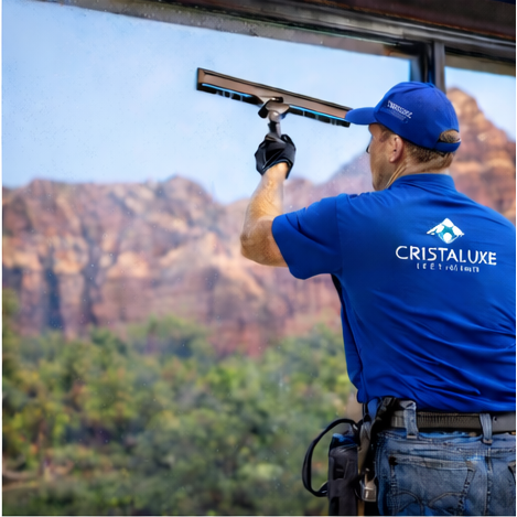 Cristaluxe technician doing professional window cleaning in St. George, UT